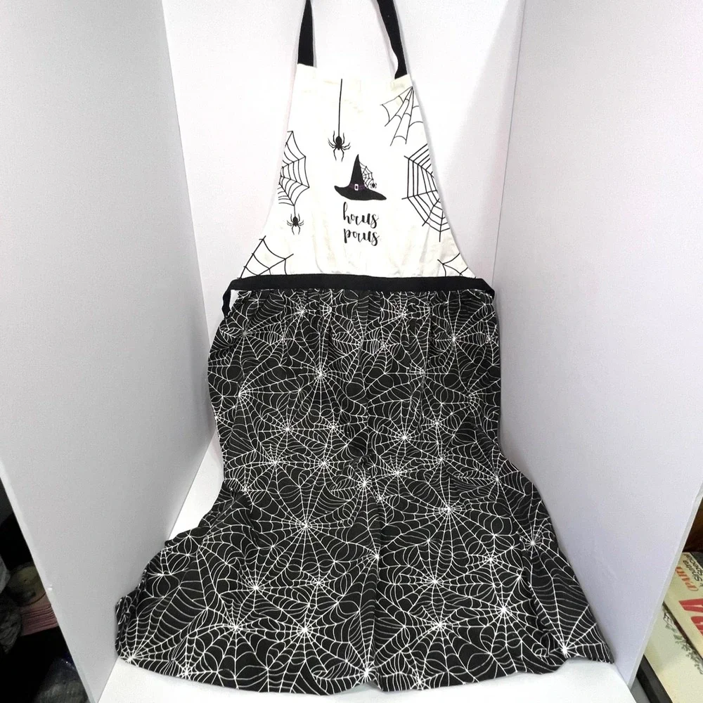 Hocus Pocus Cotton Apron Witchy Halloween Spider Web Witch Hat Cook Black White